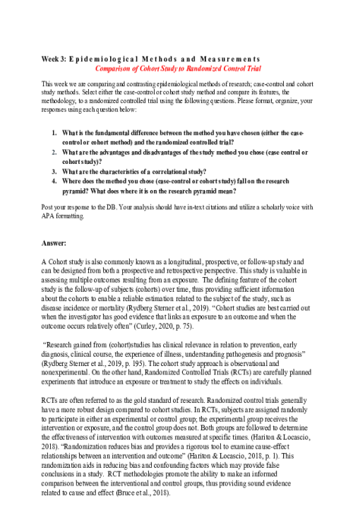 NR 503 Week 3 Discussion; Epidemiological Methods and Measurements - Comparison of Cohort Study to Randomized Control Trial