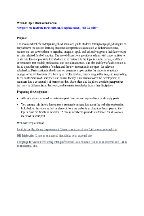 NR 503 Week 4 Open Forum Discussion; Explore the Institute for Healthcare Improvement (IHI) Website (5 Versions)