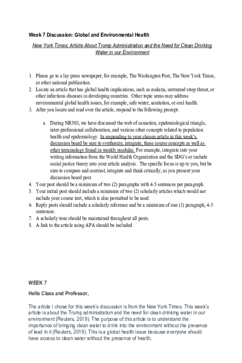 NR 503 Week 7 Discussion; Global and Environmental Health - New York Times; Article Trump Administration and Need for Clean Drinking Water