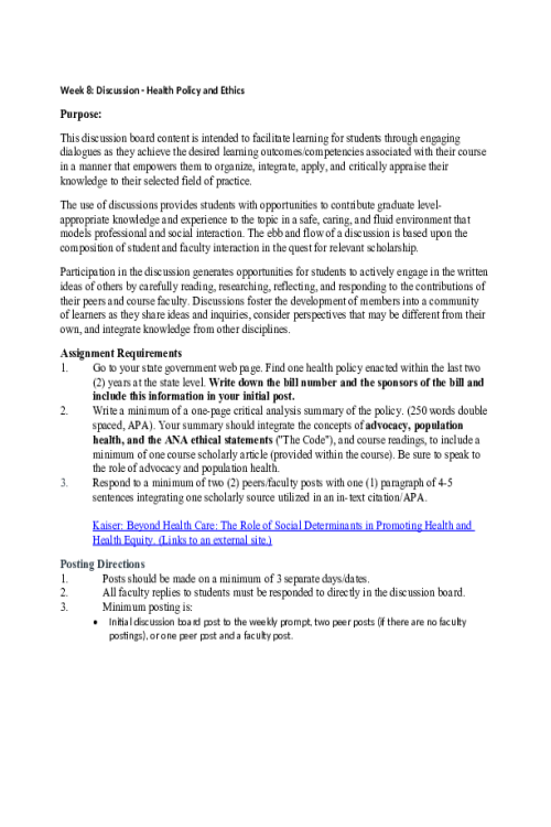 NR 503 Week 8 Discussion; Health Policy and Ethics - Florida Policy HB 607 Sponsored by Rep. Cary Pigman