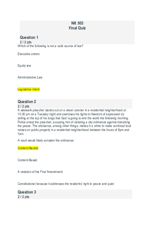 NR 503 Week 8 Final Quiz; Score 100 by 100 points......