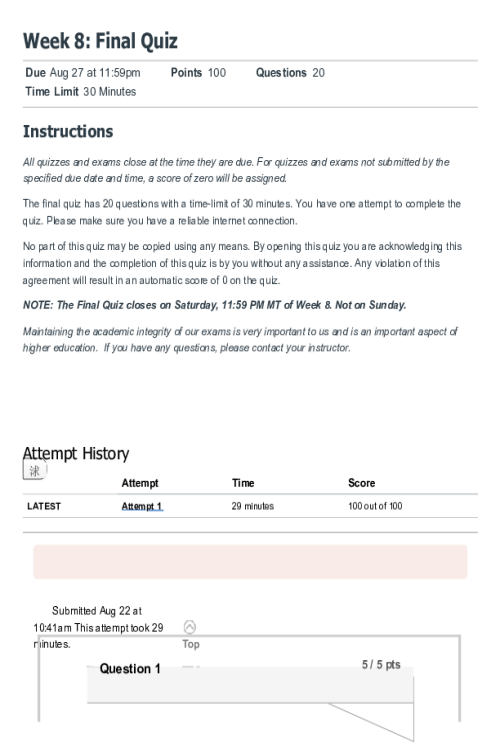 NR 503 Week 8 Final Quiz; Score 100 out of 100 points