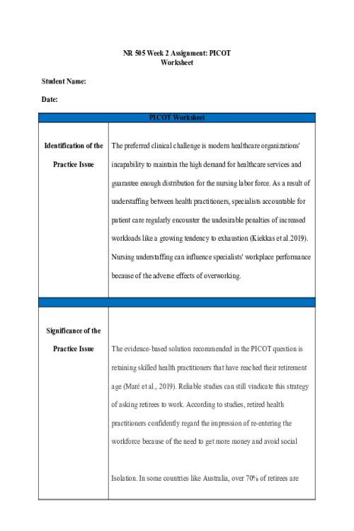 NR 505NP Week 2 Assignment; PICOT Question Worksheet