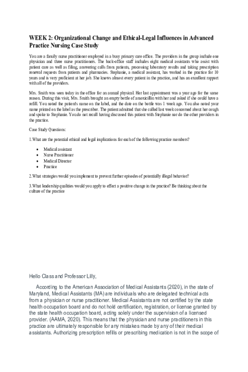 NR 506NP Week 2 Discussion; Organizational Change and Ethical-Legal Influences in Advanced Practice Nursing Case Study..