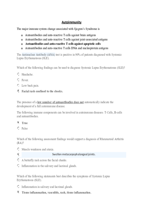 NR 507 Week 1 Immune Response; Autoimmunity