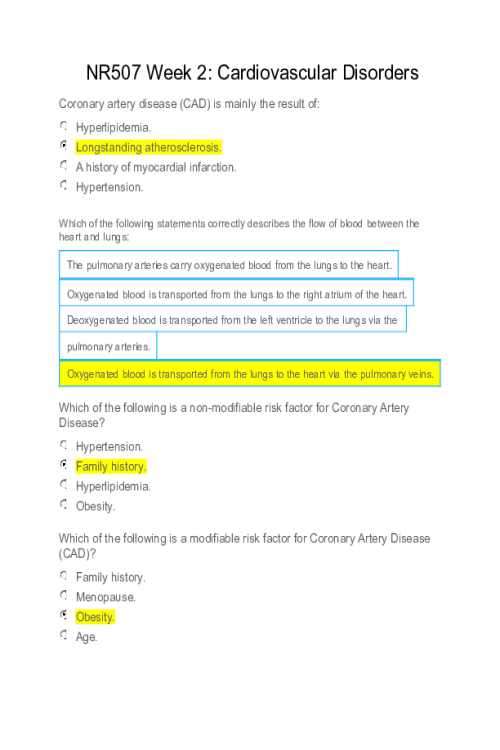 NR 507 Week 2 Assignment; Cardiovascular Disorders