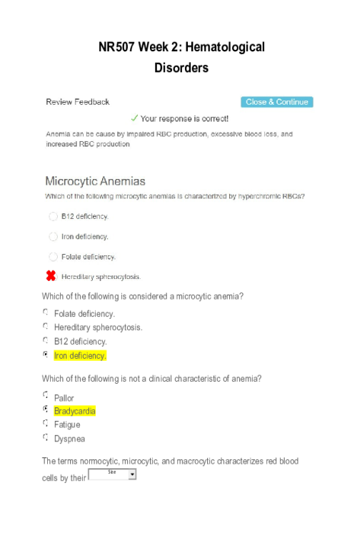 NR 507 Week 2 Assignment; Hematological Disorders
