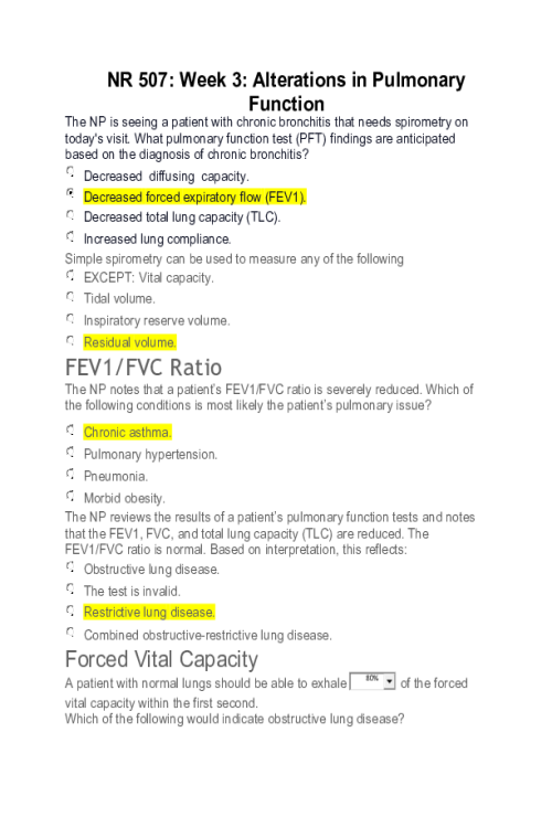 NR 507 Week 3 Assignment; Alterations in Pulmonary Function