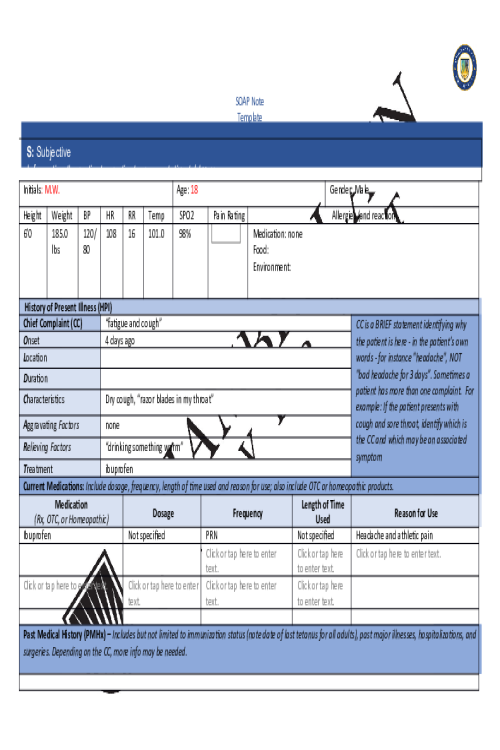 NR 509 Week 2 iHuman SOAP Note Template - Marvin F. Webster