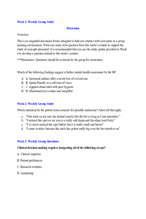 NR 509 Week 2; Weekly Group Study