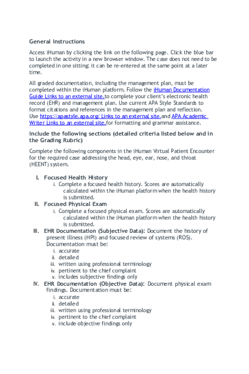 NR 509 Week 3 Assignment iHuman Virtual Patient Encounter - HEENT Assessment (Soap Notes General Instructions)