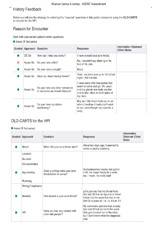 NR 509 Week 3 iHuman Virtual Patient Encounter; HEENT Assessment - Jenna A James