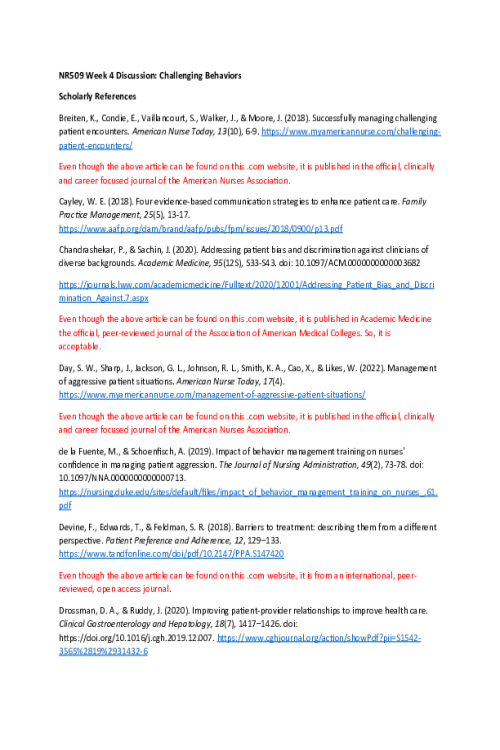 NR 509 Week 4 Discussion; Challenging Behaviors - References