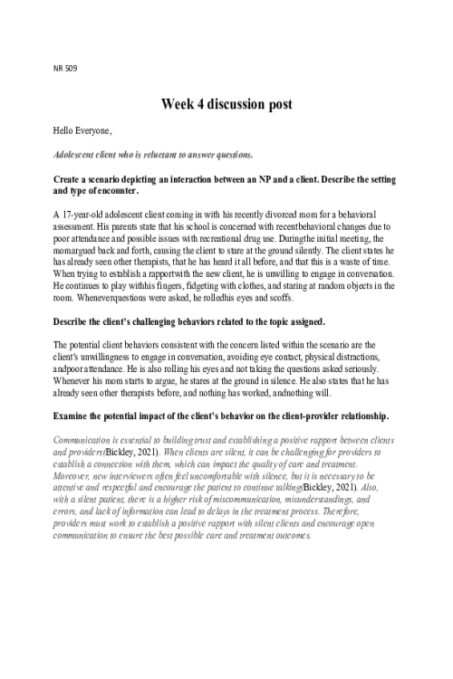 NR 509 Week 4 Discussion; Client Challenges - Adolescent client who is reluctant to answer questions
