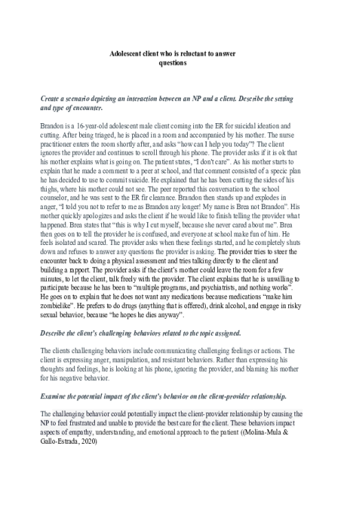 NR 509 Week 4 Discussion; Client Challenges - Adolescent client