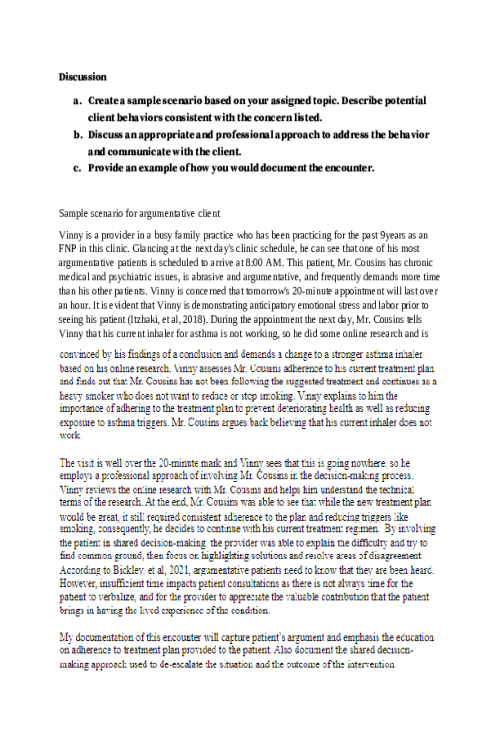 NR 509 Week 4 Discussion; Client Challenges; Scenario for Argumentative Client (Responses Included)