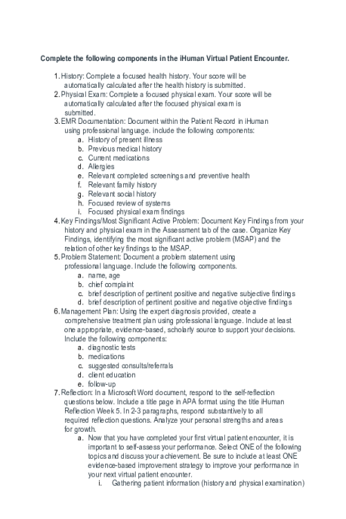 NR 509 Week 5 iHuman Virtual Patient Encounter Components