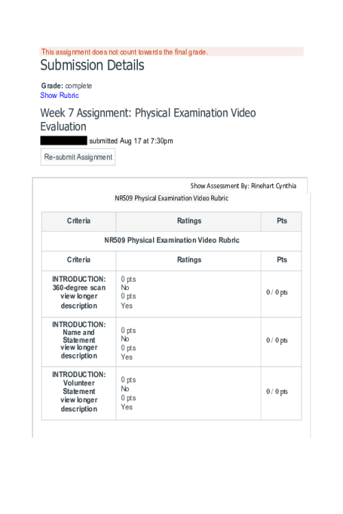 NR 509 Week 7 Assignment; Physical Examination Video Evaluation