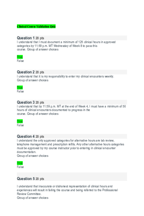 NR 511 Week 1 Clinical Course Validation Quiz