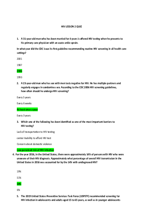 NR 511 Week 2 Assignment; National HIV Curriculum - HIV Screenings and Recommendations (Quiz)