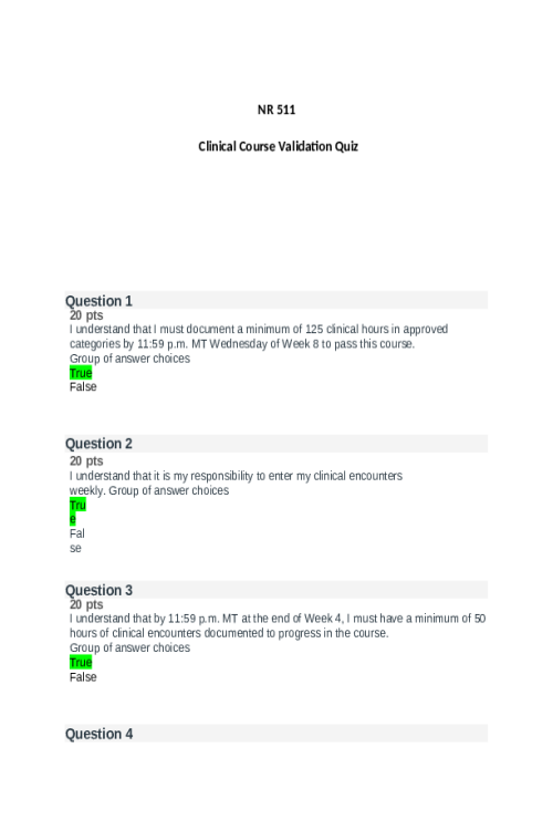 NR 511 Week 4 Clinical Hours-Patient Encounter Validation Quiz