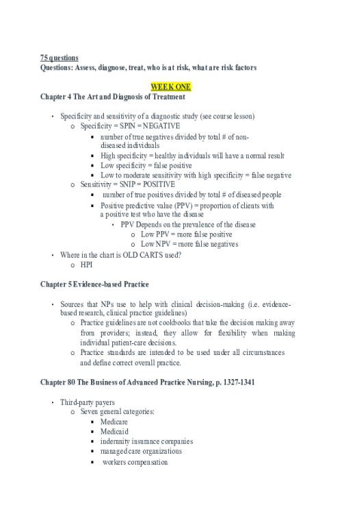 NR 511 Week 4 Midterm Study Guide - 75 Questions Assess, diagnose, treat, who is at risk, what are risk factors