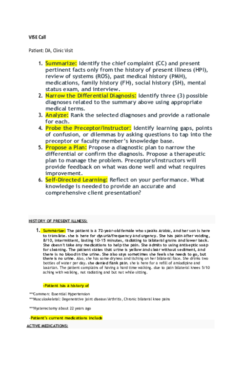 NR 511 Week 5 Clinical Virtual Interactive Student Evaluation (VISE) Assignment