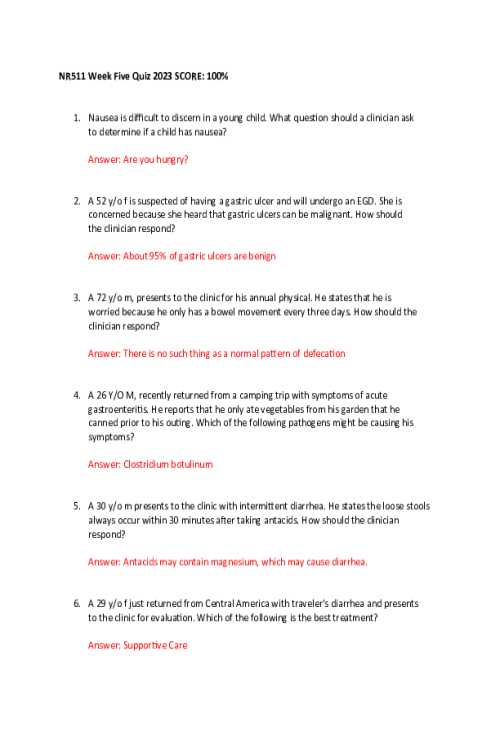 NR 511 Week 5 Quiz - 10 out of 10 Points