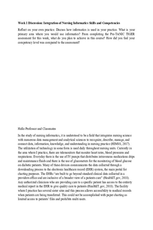 NR 512 Week 1 Discussion; Integration of Nursing Informatics Skills & Competencies..