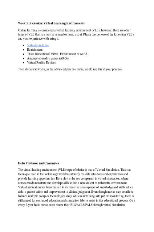 NR 512 Week 3 Discussion; Virtual Learning Environments
