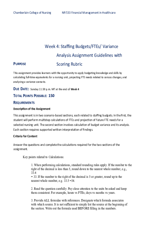 NR 533 Week 4 Assignment; Staffing Budgets-FTEs-Variance Analysis Guidelines, Sample Calculations