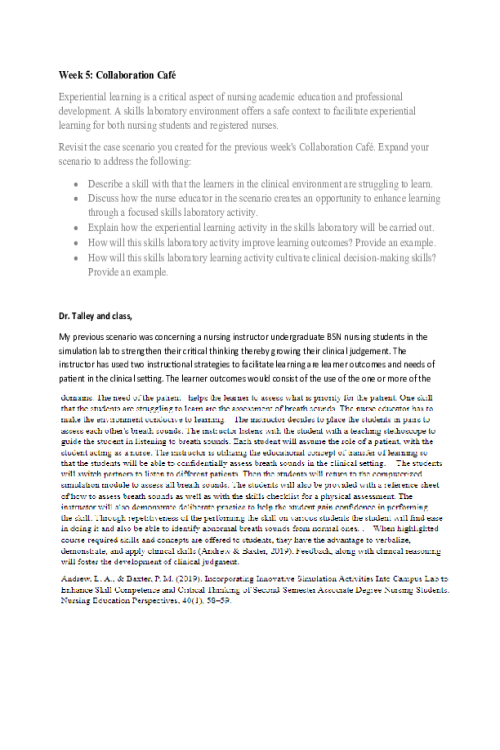 NR 535 Week 5 Collaboration Café; Teaching in a Skills Laboratory Environment