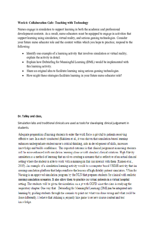 NR 535 Week 6 Collaboration Cafe; Teaching with Technology.