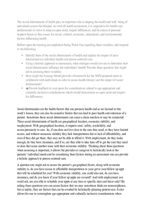 NR 536 Week 1 Collaboration Cafe; Hollistic Assessment and Social Determinants of Health