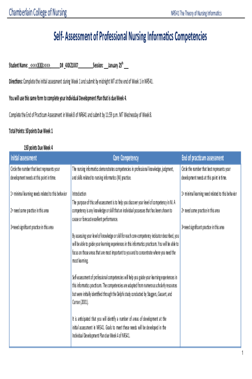 NR 541 Week 1 Self- Assessment of Professional Nursing Informatics Competencies.
