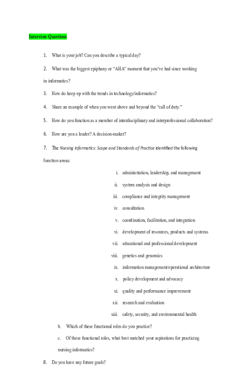 NR 541 Week 2 Assignment; INS Interview Questions