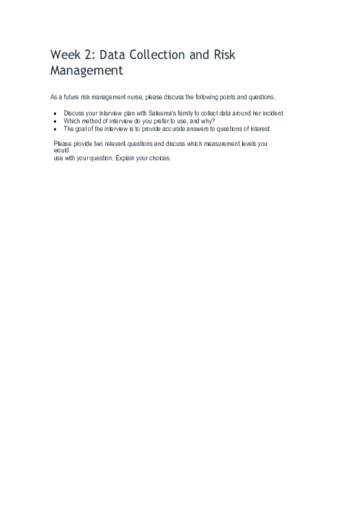 NR 544 Week 2 Discussion; Data Collection and Risk Management