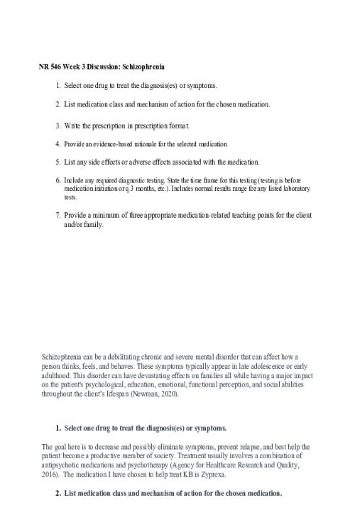 NR 546 Week 3 Case Study; Zyprexa for Treating Schizophrenia