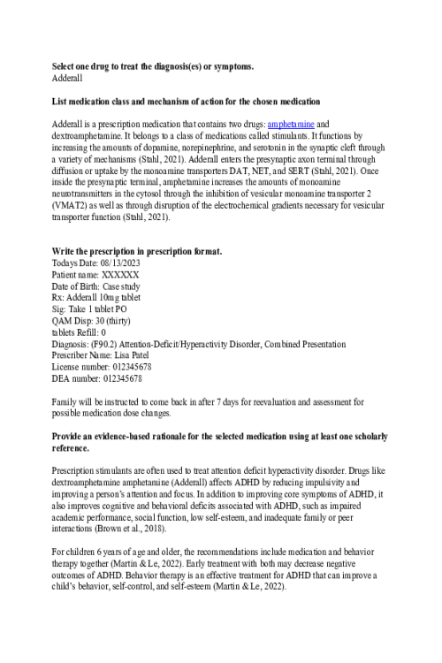 NR 546 Week 7 Case Study; Selected Drug - Adderall