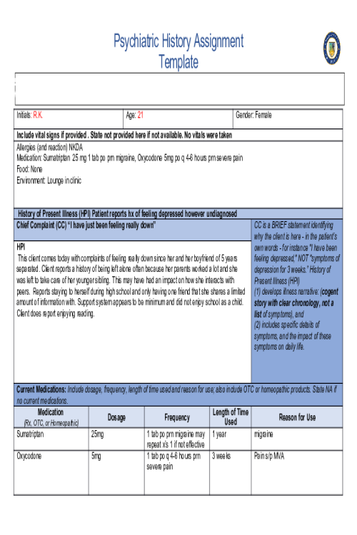 NR 548 Week 4 Psychiatric History Assignment Template (Initials; R.K.)