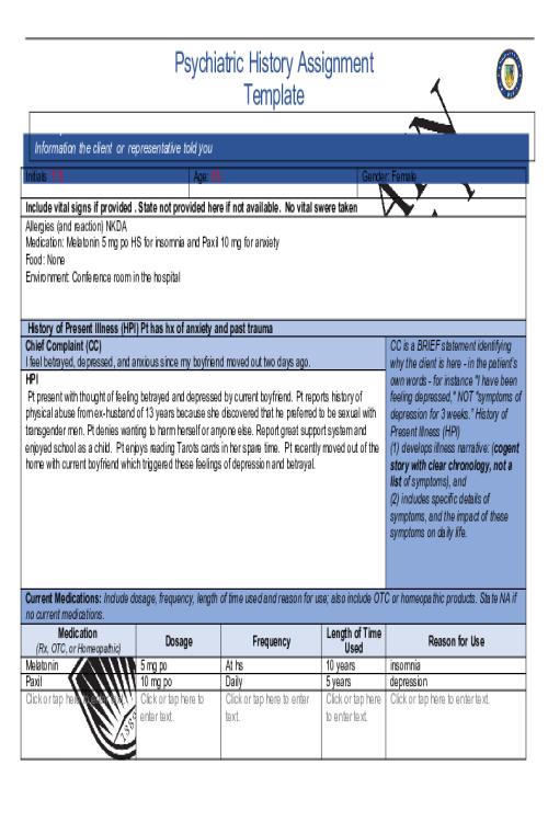 NR 548 Week 4 Psychiatric History Assignment Template (Initials; T.S)