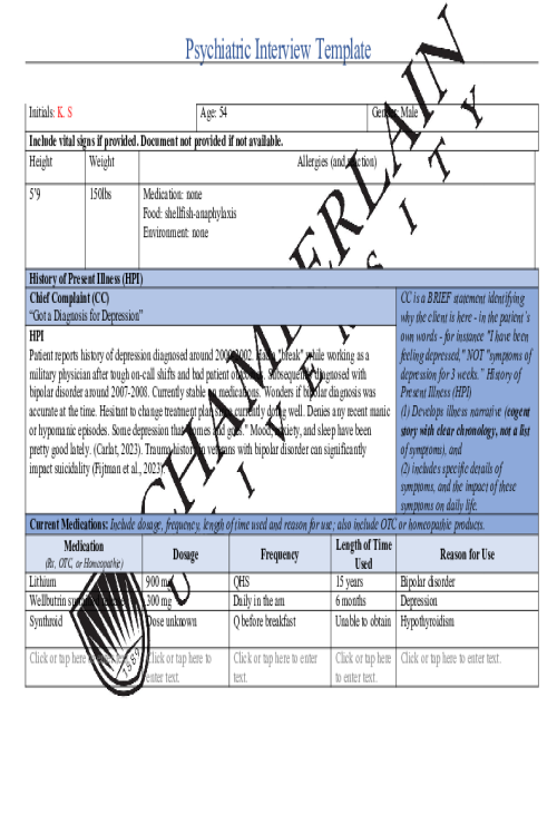 NR 548 Week 6 Psychiatric Interview Documentation Assignment Template (Initials; K. S)