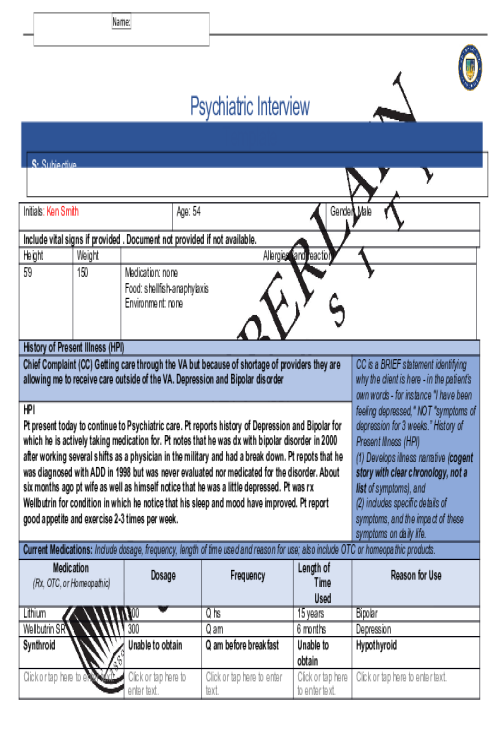 NR 548 Week 6 Psychiatric Interview Documentation Assignment Template (Initials; Ken Smith)