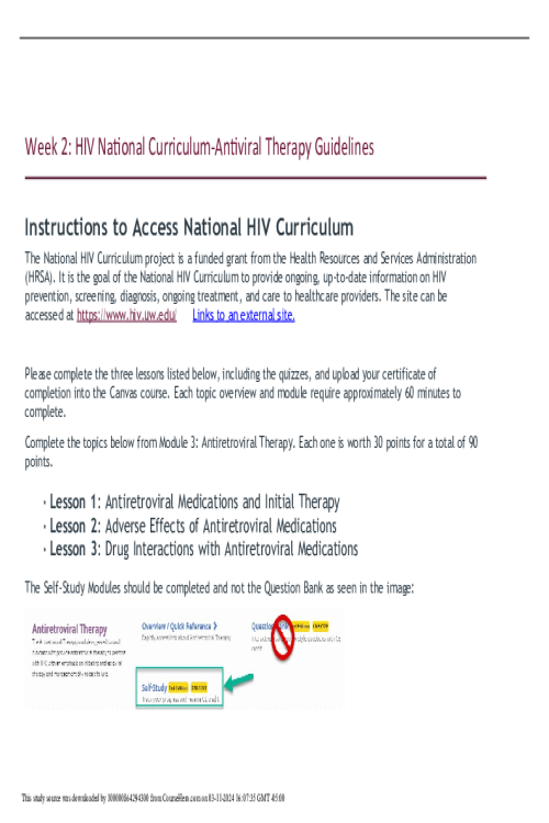 NR 566 Week 2 Assignment; HIV National Curriculum - Antiretroviral Therapy Guidelines