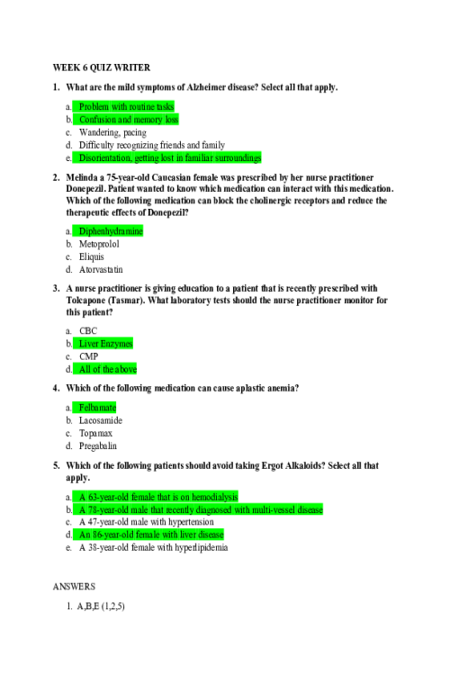 NR 566 Week 6 Quiz Writer - Summer Semester