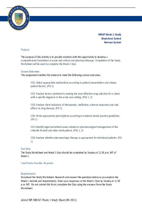 NR 567 Week 1 Study Worksheet; Central Nervous System - All Correct Answers