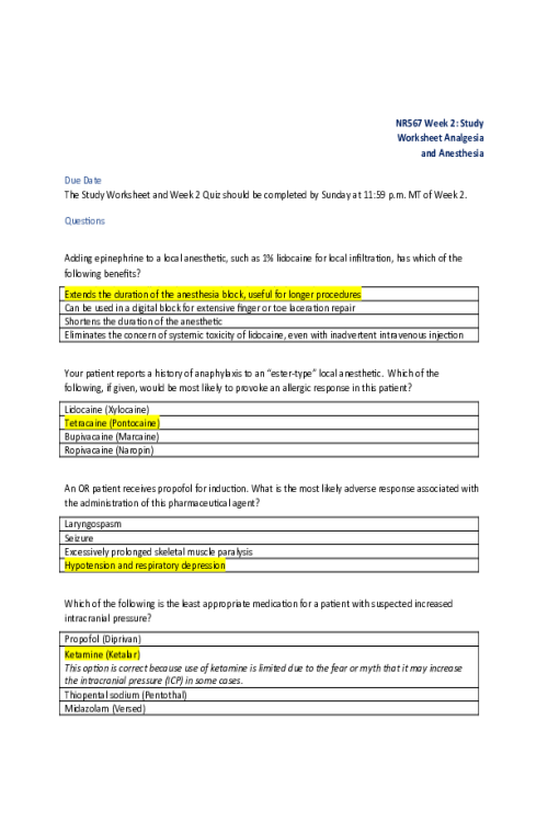 NR 567 Week 2 Study Worksheet; Analgesia and Anesthesia - All Correct Answers