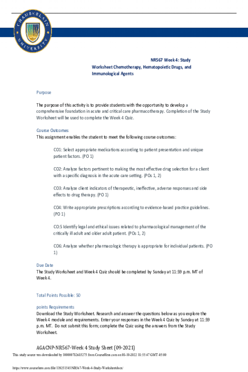 NR 567 Week 4 Study Worksheet; Chemotherapy, Hematopoietic Drugs, and Immunological Agents