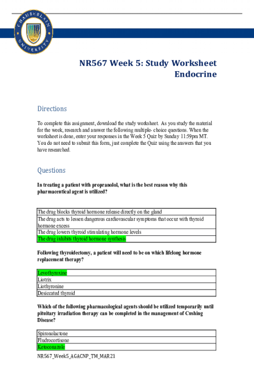 NR 567 Week 5 Study Worksheet; Endocrine - All Correct Answers