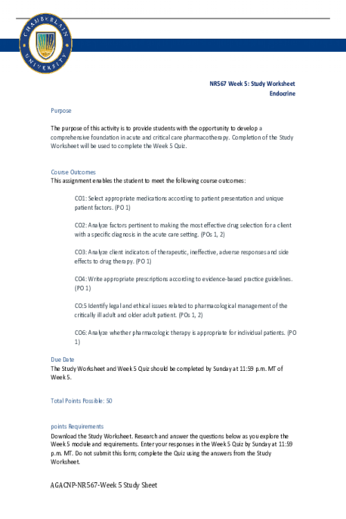 NR 567 Week 5 Study Worksheet; Endocrine.